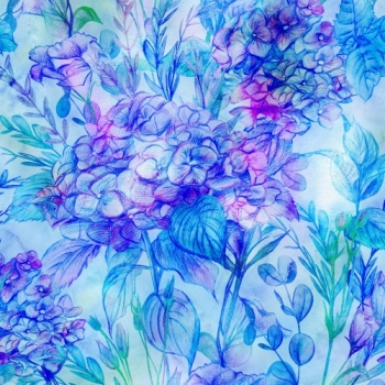 Alpenfleece Isla Blüten und Blätter in knalligen Blau-Lila-Tönen